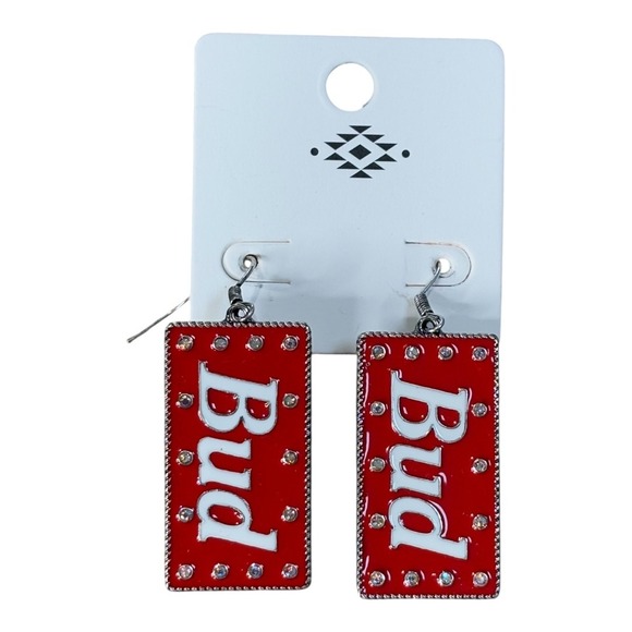 Bud Budweiser Earrings Novelty Dangle Drop‎ Rhinestone Beer Can Earrings Red New - Picture 1 of 4